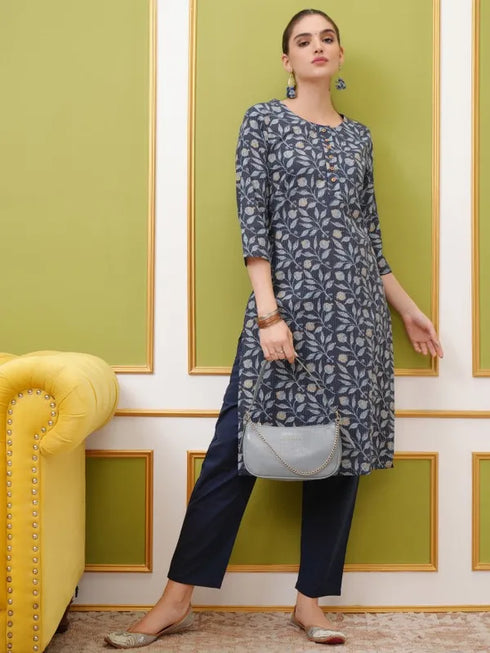 Vasthrlay Women Blue Printed Straight Kurtas